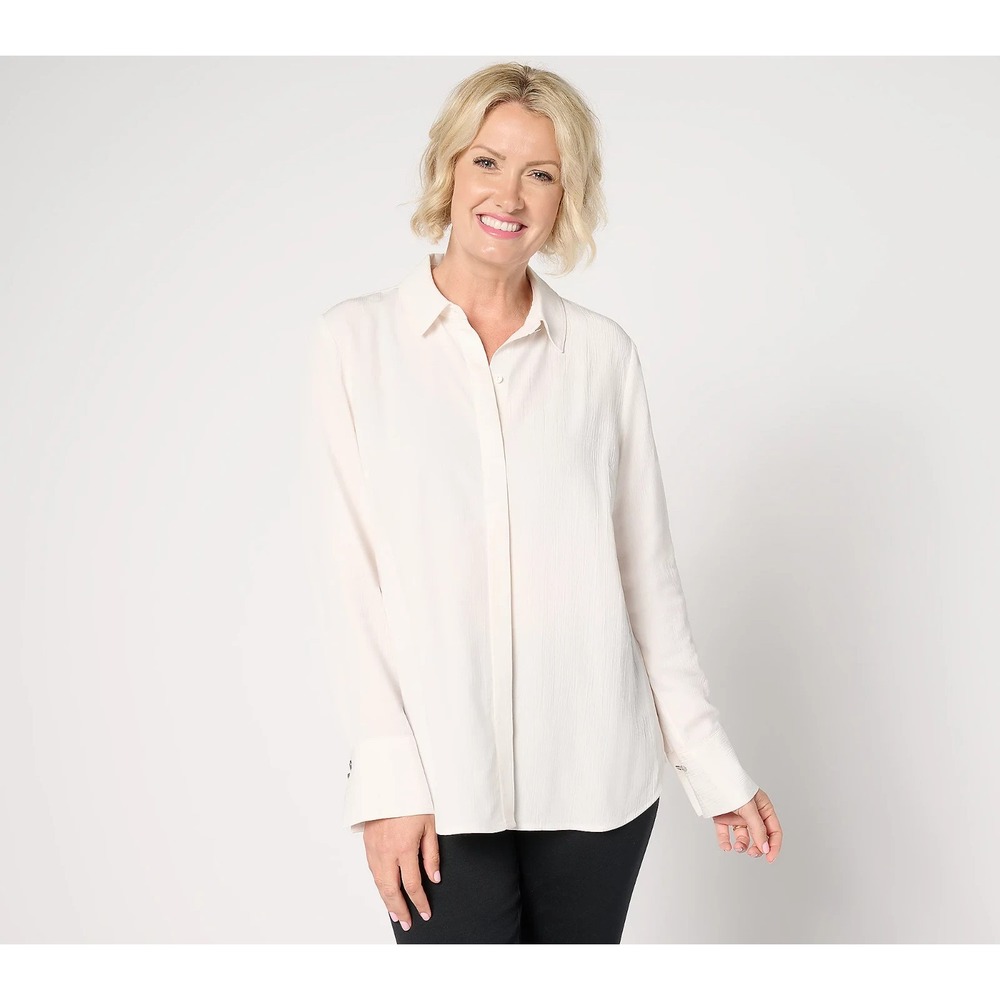 BEAUTIFUL by Lawrence Zarian Sanded Crinkle Satin Tunic Shirt Ivory, XL  #36E